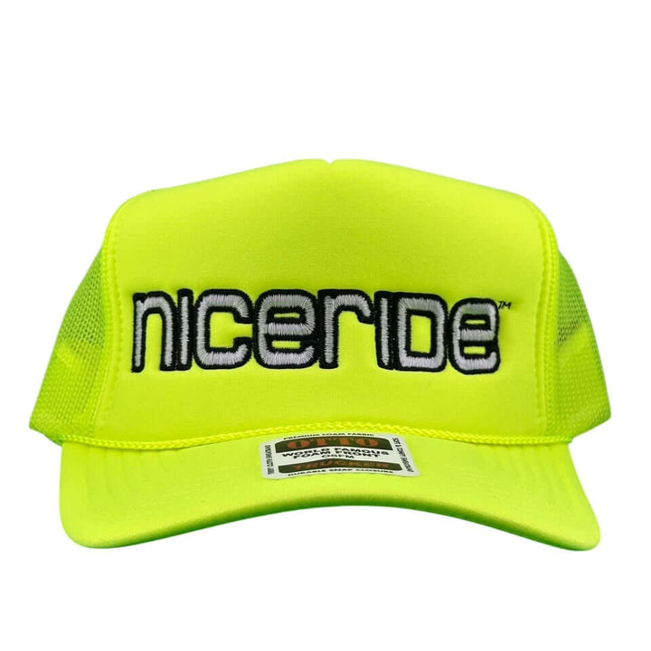 Bold Tower Yellow Foam Trucker Hat featuring nicerde logo, perfect stylish accessory for summer, comfortable hat.