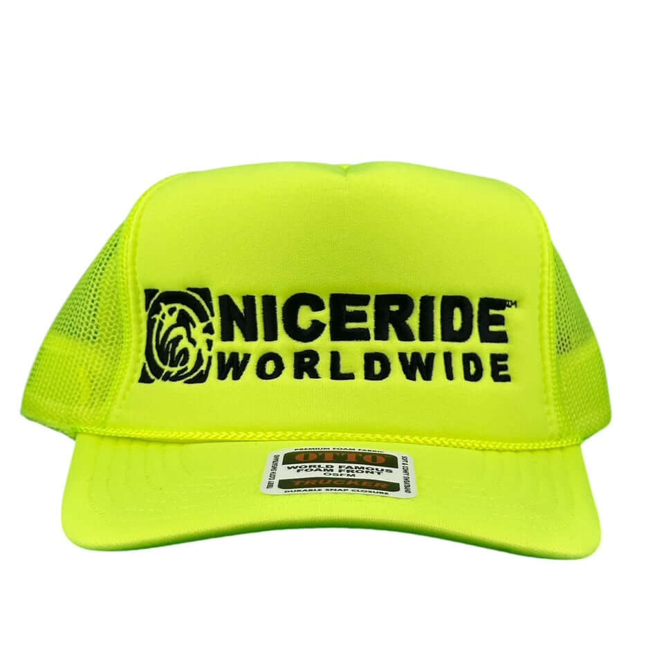 NICERIDE 'Nashville' Foam Trucker Hat in vibrant yellow with mesh sides and logo, perfect for outdoor enthusiasts.