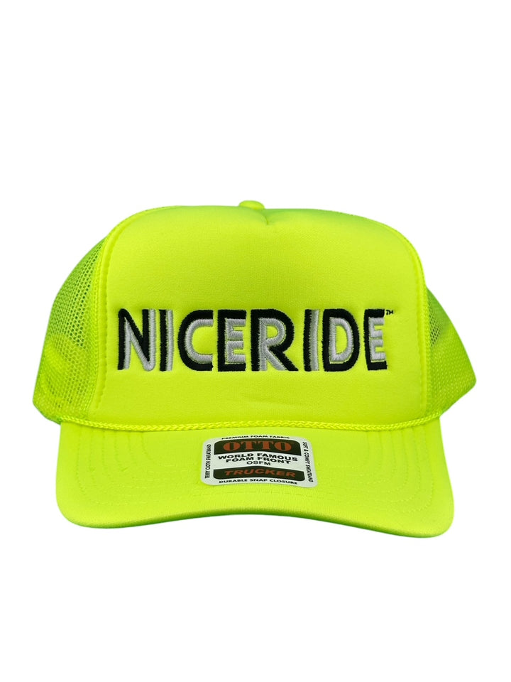 Bright yellow Foam Trucker Hat with NICERIDE embroidered on the front, perfect for outdoor activities and fashion.