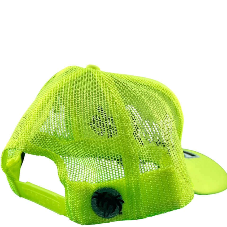 Back view of the "Signature" Foam Trucker Hat showcasing its vibrant neon color and embroidered palm logo.