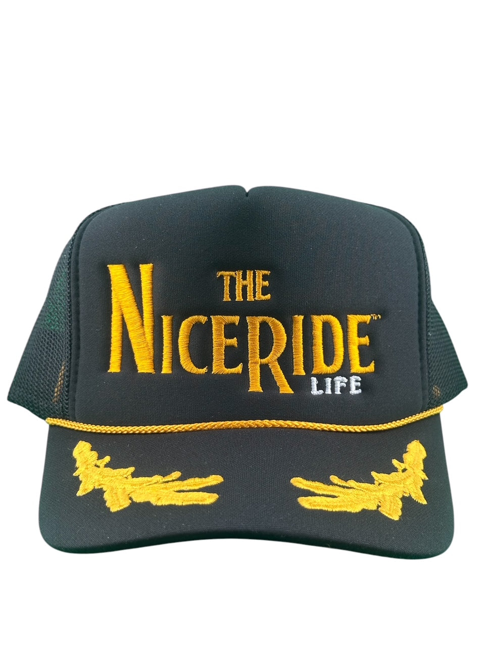 Black foam trucker hat featuring NICERIDE logo and embroidered design, perfect hat for casual wear.