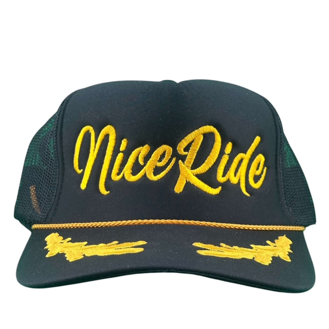 Nice Ride unisex adjustable foam hat featuring bold yellow embroidery and mesh side panels for breathability.