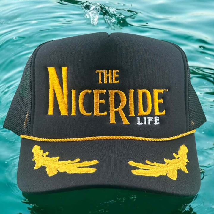 NICERIDE “Below Deck Godfather” adjustable foam hat with bold embroidered logo, perfect for boating and outdoor activities.