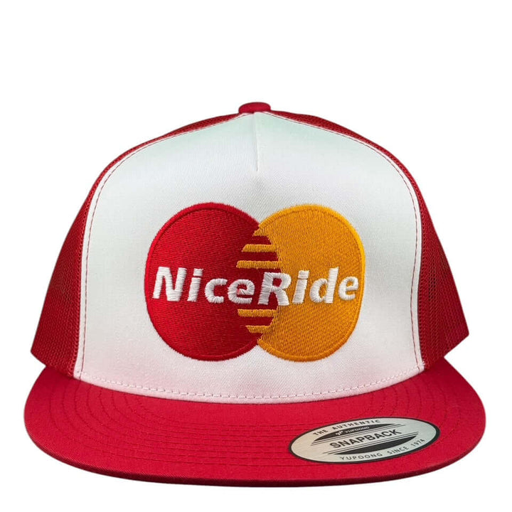 NICERIDE unisex adjustable trucker hat featuring red and yellow logo on a white background with a classic snapback design.