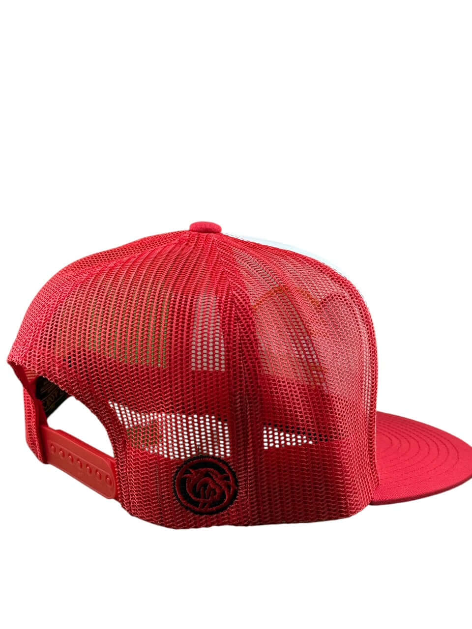Back view of the NICERIDE “Declined” unisex adjustable red trucker hat with mesh and logo.