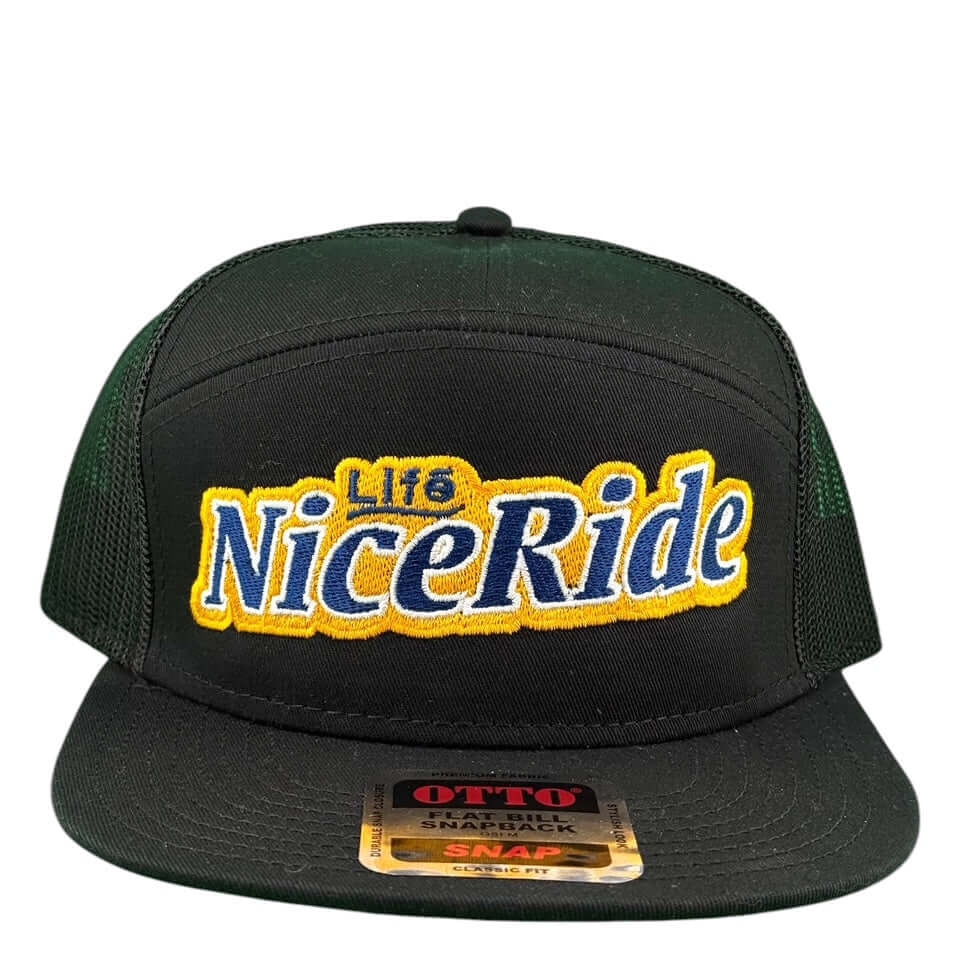 NICERIDE Otto snapback hat with bold 'Life NiceRide' embroidery in yellow and blue on a black cap.