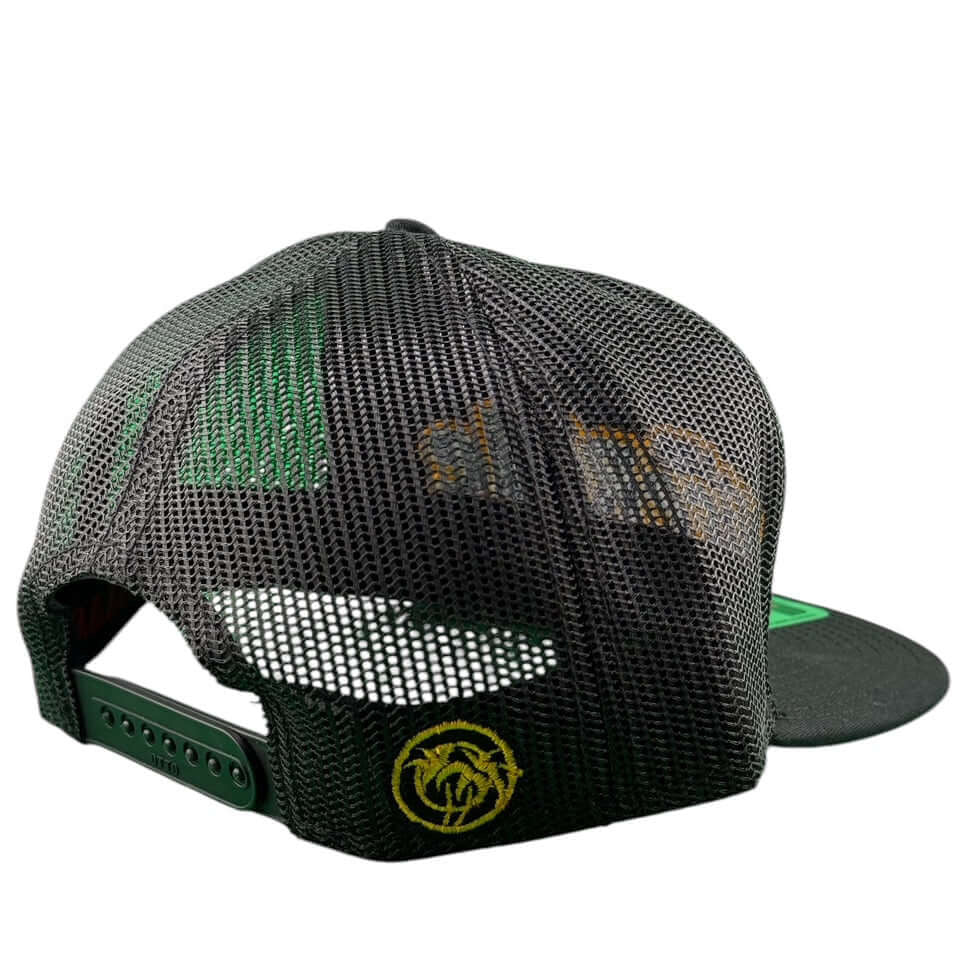 Back view of NICERIDE Parkay unisex adjustable seven-panel snapback hat with mesh design and logo.