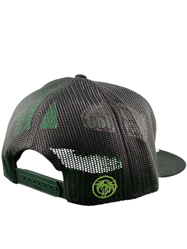 Back view of NICERIDE Meow Otto seven-panel adjustable snapback hat, featuring mesh design and green logo.