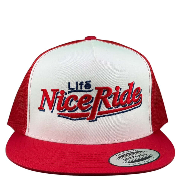 Unisex adjustable trucker hat with Life Nice Ride logo in red and white, featuring a classic snapback design.