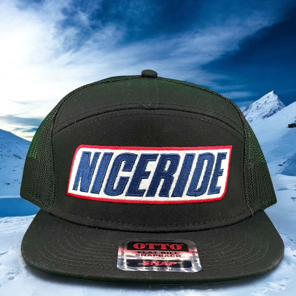 NICERIDE Better Frozen Otto seven-panel snapback hat with bold logo on a snowy backdrop.