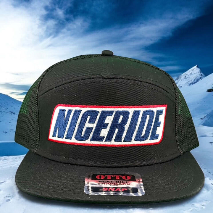 NICERIDE Better Frozen Otto seven-panel snapback hat with bold logo on a snowy backdrop.