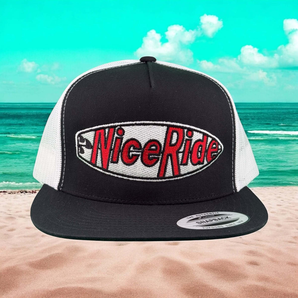 NICERIDE 'North Shore' unisex adjustable trucker hat featuring logo with beach background.