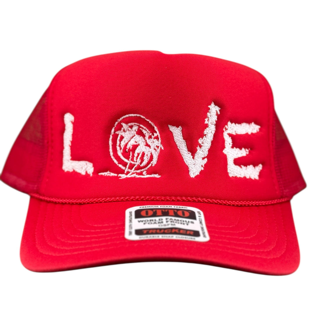 LOVE Foam Trucker Cap featuring palm logo, a stylish red hat for casual wear.