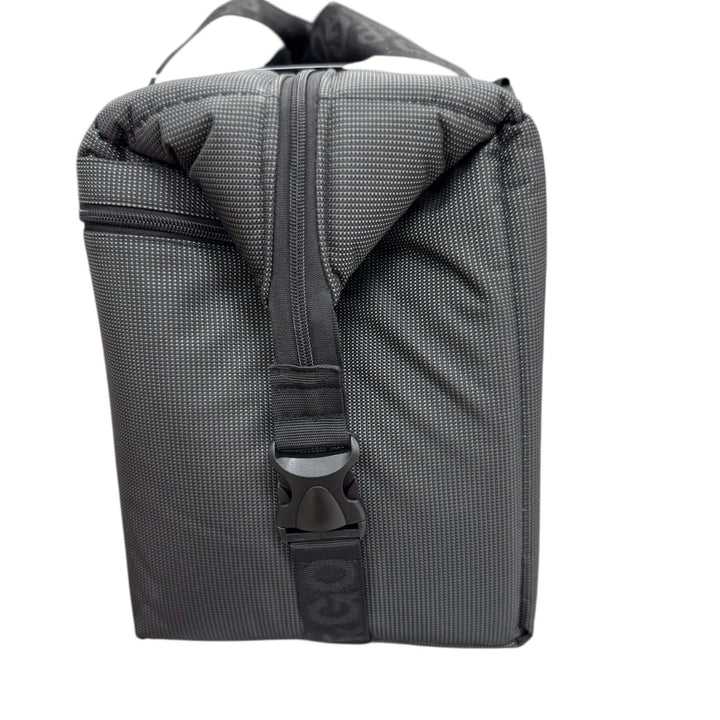 MUD embroidered cooler shown from the side, featuring durable black vinyl and a sturdy zipper closure.