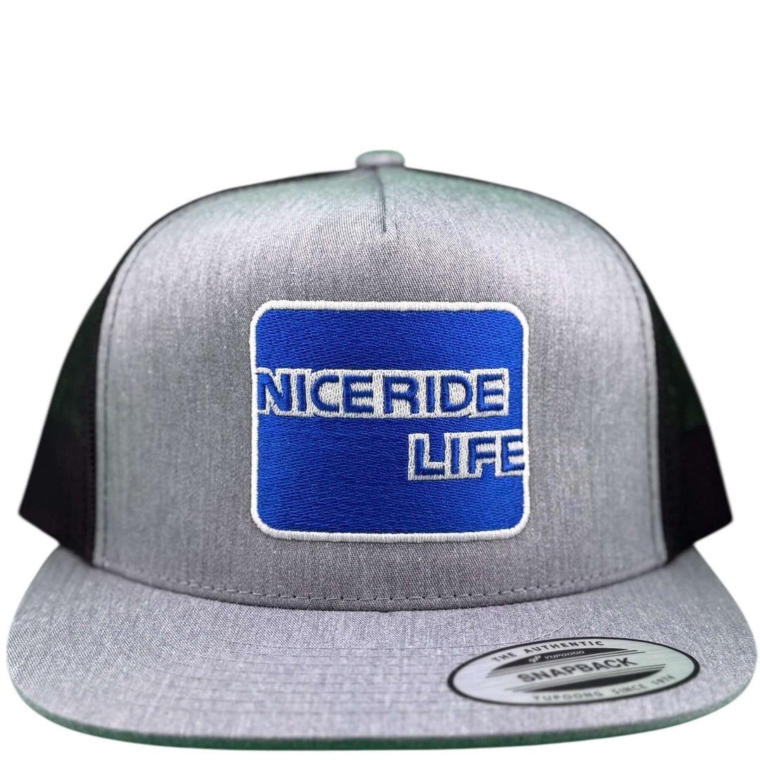 NICERIDE "Swipe" unisex adjustable trucker hat with embroidered logo design on gray and black.