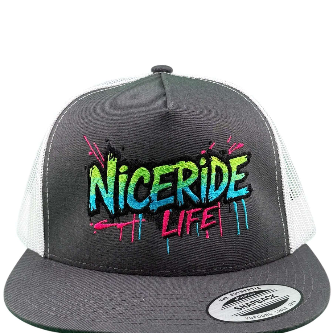 NICERIDE Life adjustable trucker hat with colorful embroidered design on grey cap, premium quality and stylish.