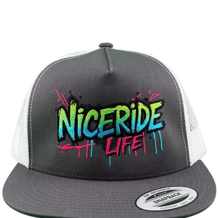 NICERIDE Life adjustable trucker hat with colorful embroidered design on grey cap, premium quality and stylish.