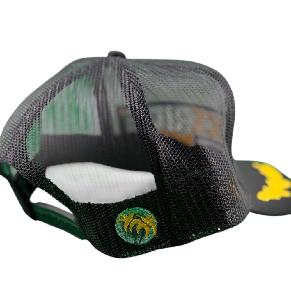 Back view of a black foam captain's hat with mesh and embroidered palm logo.