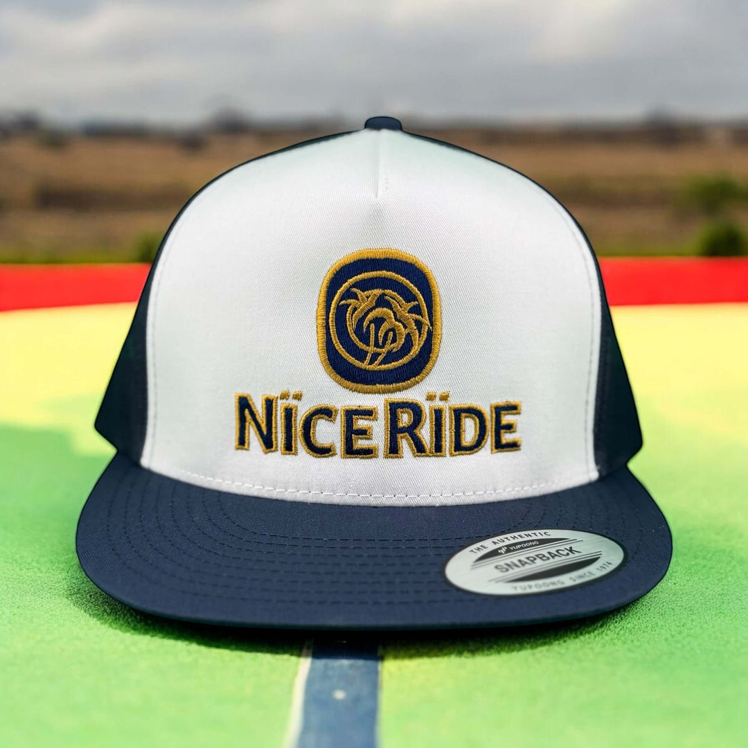 Nice Ride adjustable unisex trucker hat with embroidered logo, perfect for summer outdoor activities.