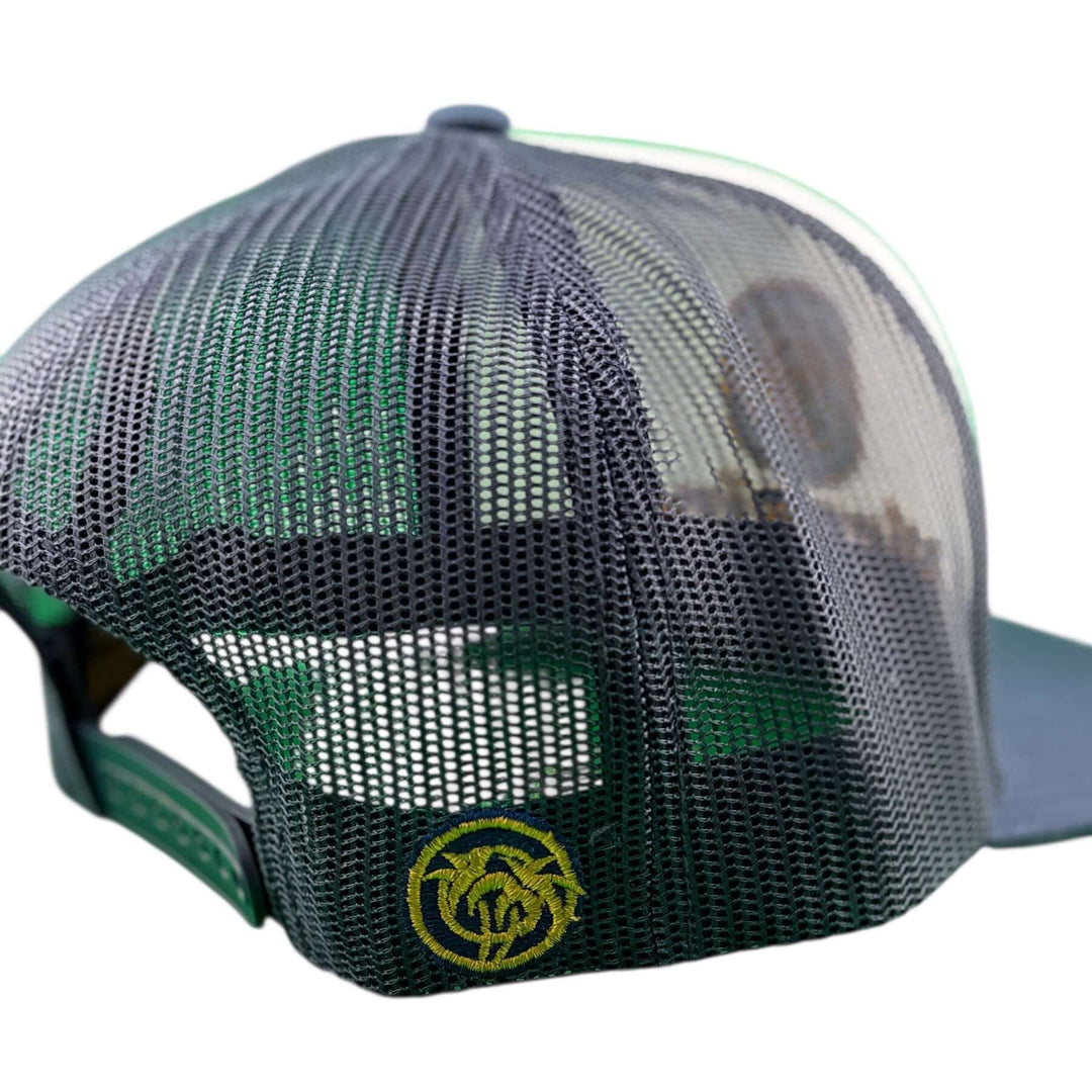 Back view of a black mesh adjustable trucker hat featuring a yellow NICERIDE logo and green accents.