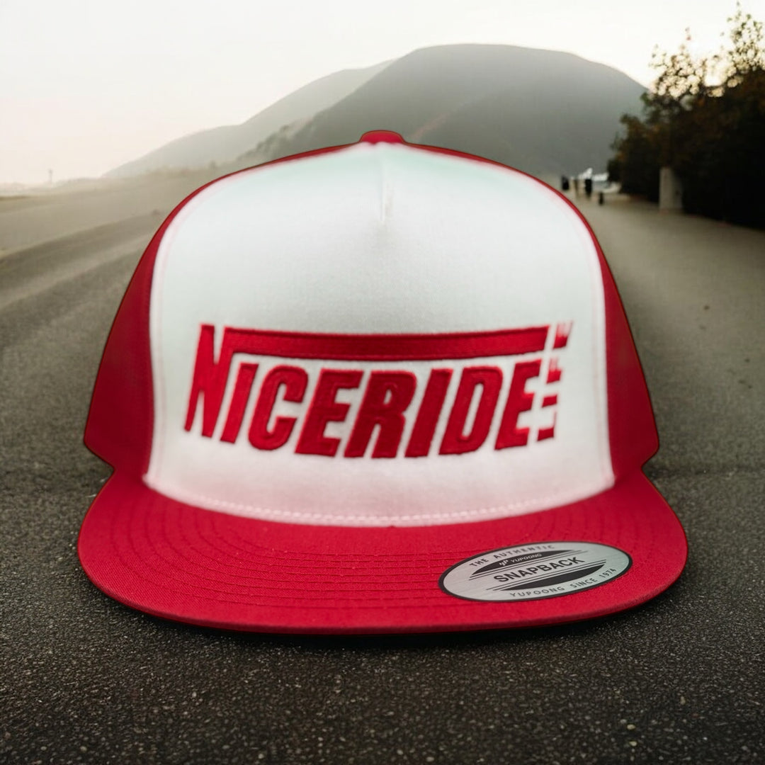 NICERIDE unisex adjustable trucker hat in red and white, perfect for adventures and stylish outdoor wear.