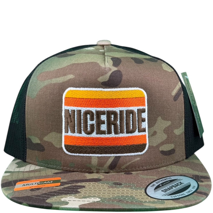 Niceride 6006 Unisex Adjustable Trucker Hat in camo with embroidered logo, perfect for outdoor activities and casual wear.