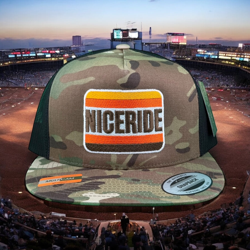 Niceride camo adjustable trucker hat with embroidered logo, perfect for outdoor activities and casual wear.