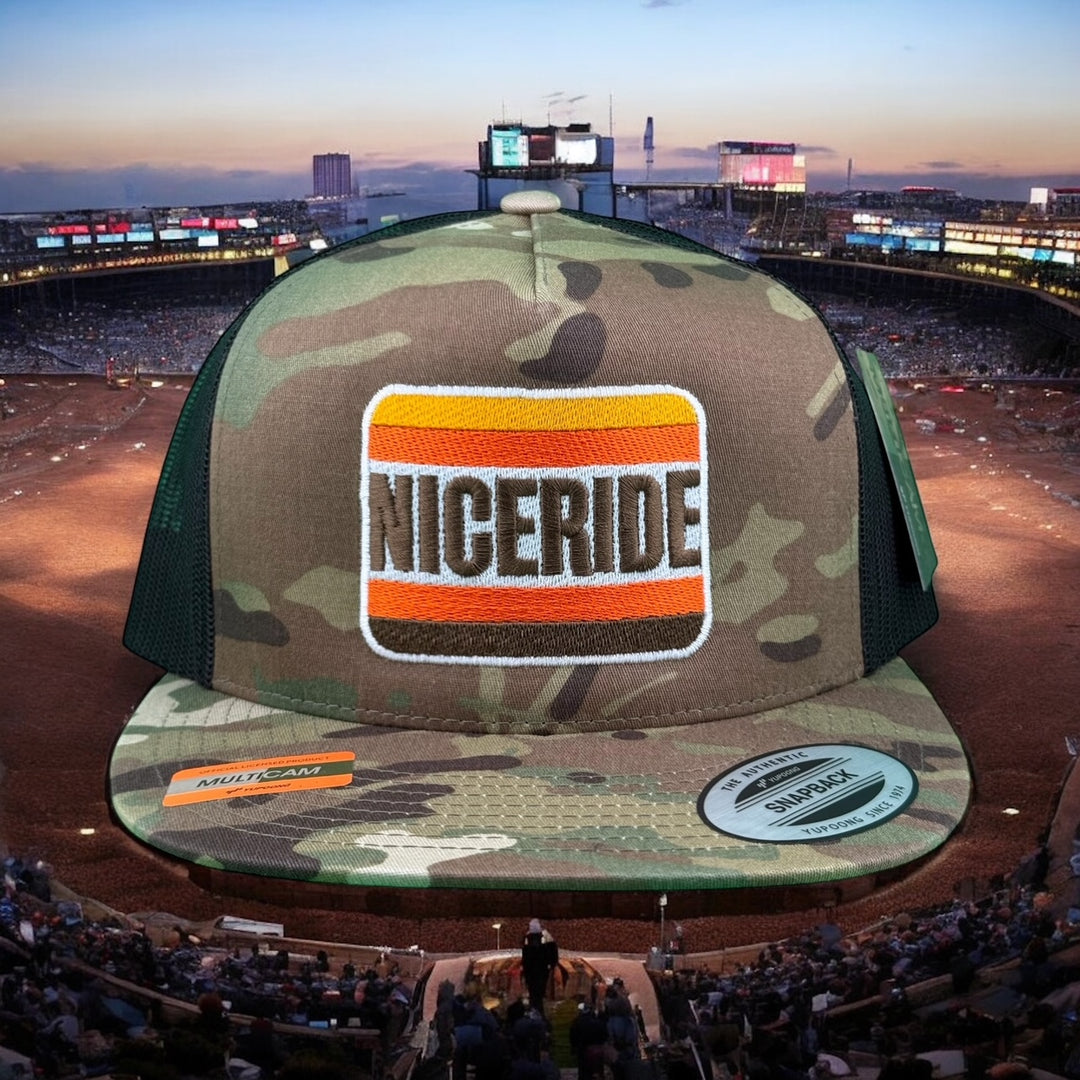 Niceride camo adjustable trucker hat with embroidered logo, perfect for outdoor activities and casual wear.