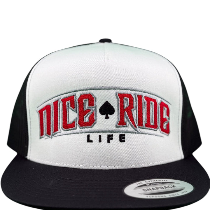 NICERIDE "ACE" unisex trucker hat with bold logo, stylish snapback design for comfort and durability.