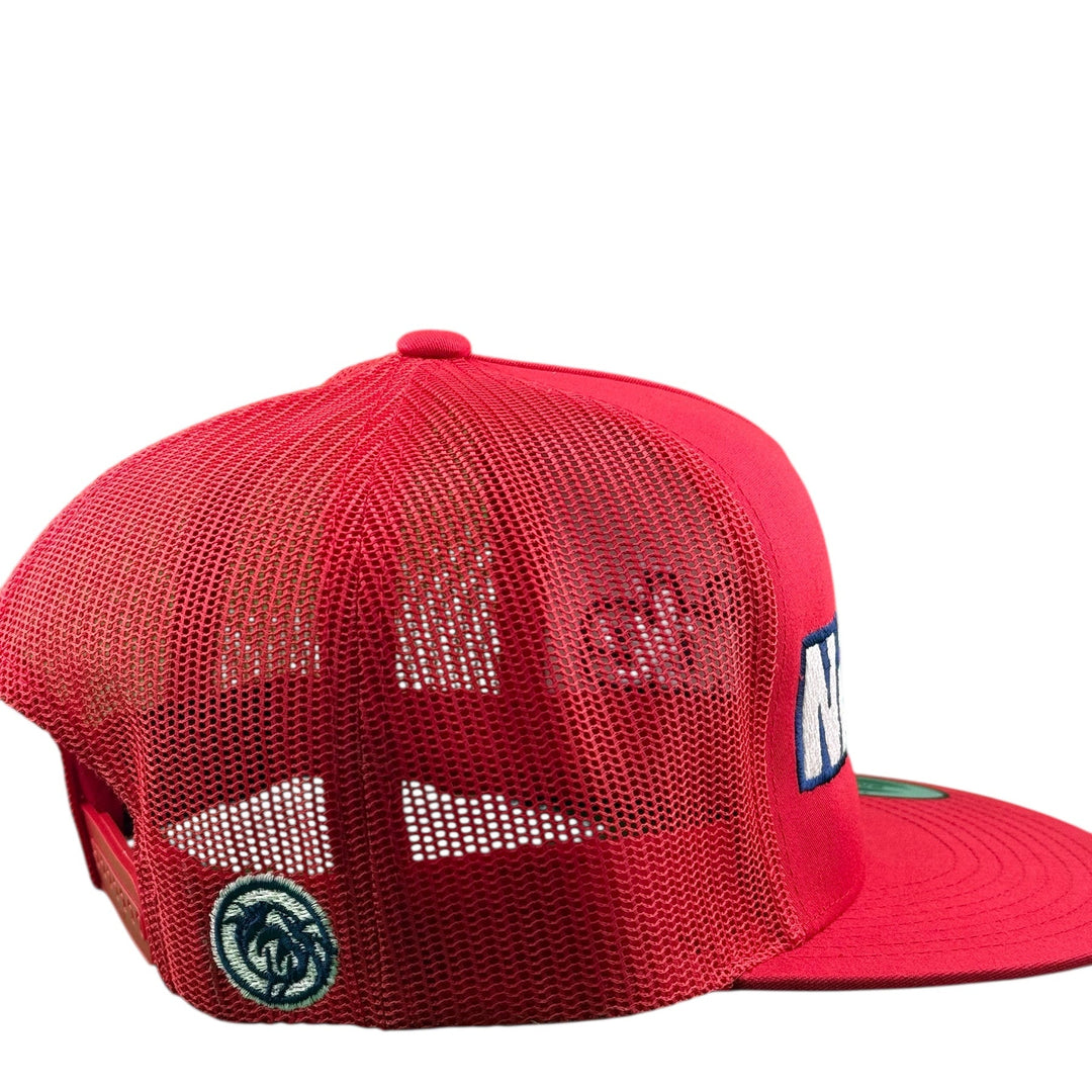Red unisex adjustable trucker hat with mesh back and embroidered palm logo by NICERIDE.