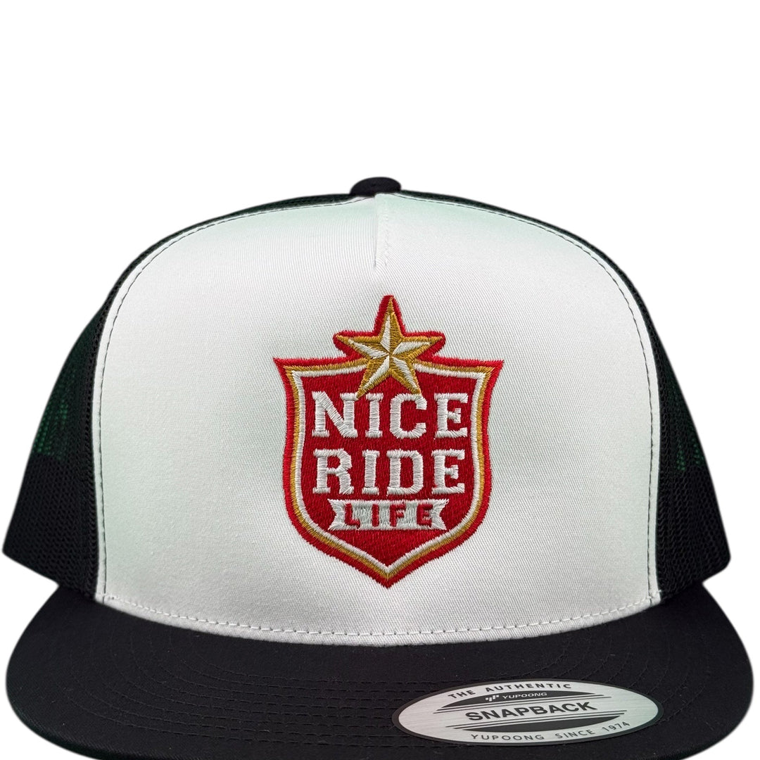 NICERIDE unisex trucker hat with embroidered logo, classic snapback style in black and white.