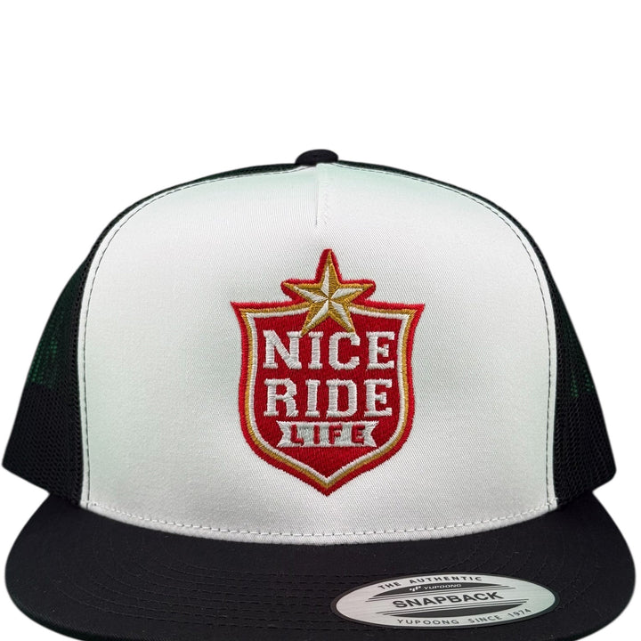NICERIDE unisex trucker hat with embroidered logo, classic snapback style in black and white.