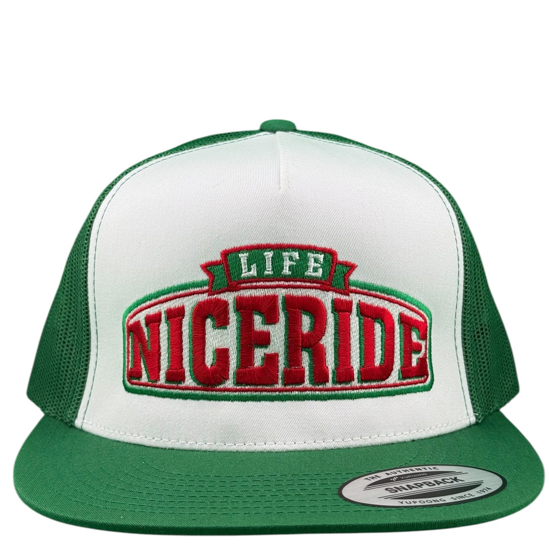 NICERIDE unisex adjustable trucker hat in green and white with embroidered logo and snapback design.