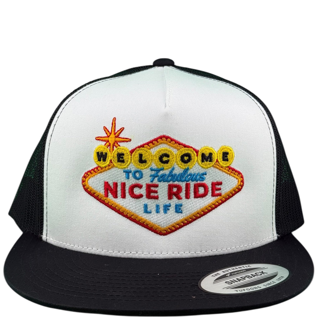 Fabulous NICE RIDE Life embroidered on a white and black unisex trucker hat.