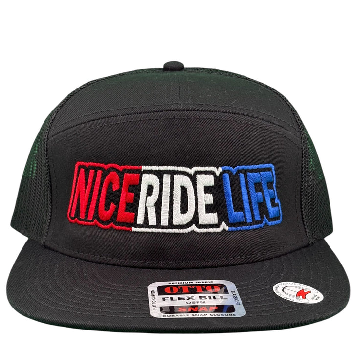 Close-up of Otto Flex Fit black snapback cap featuring colorful &