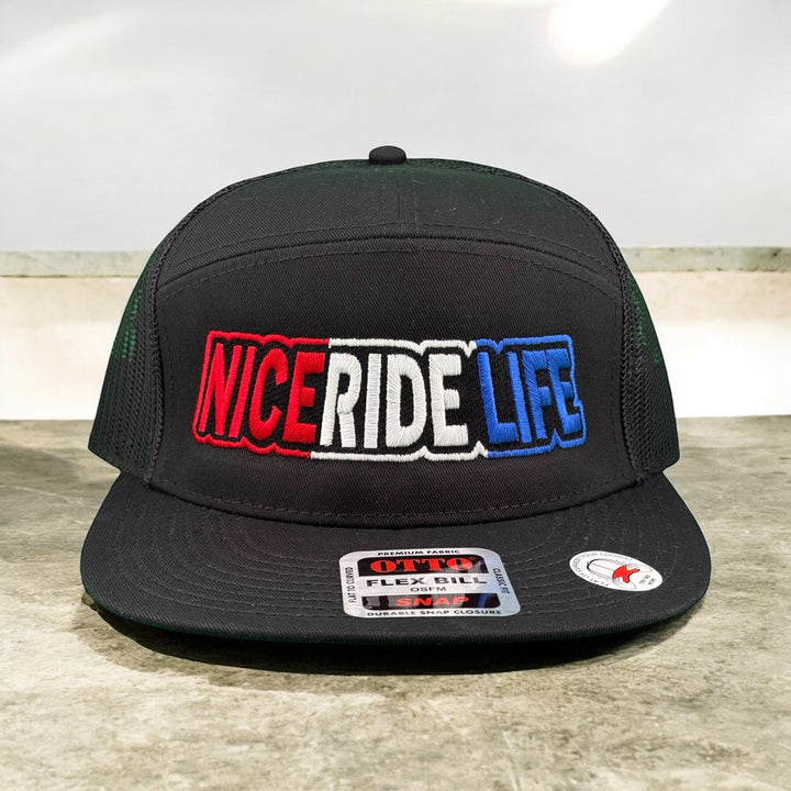 Black adjustable snapback hat with &
