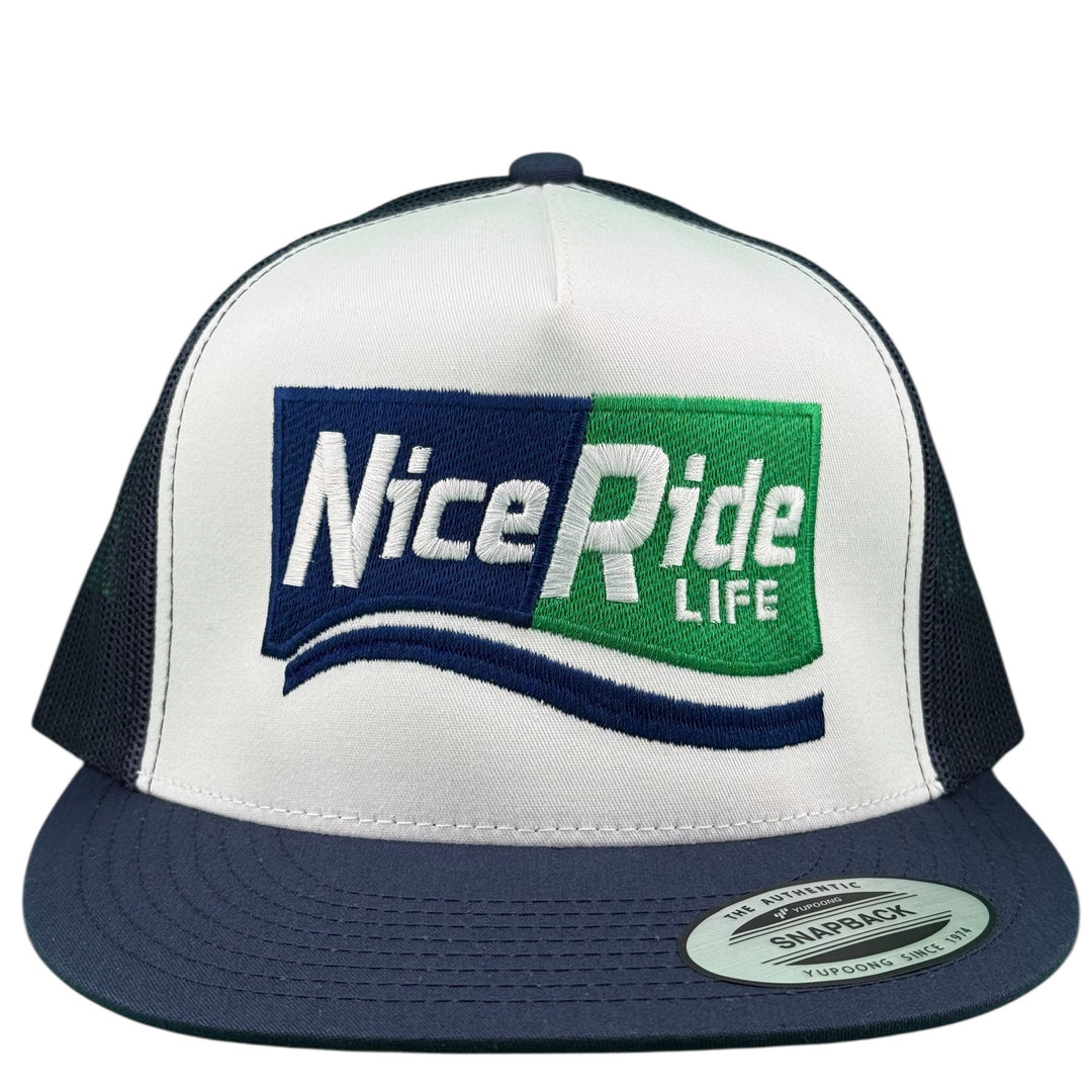 Unisex adjustable trucker hat with 'Nice Ride Life' embroidered design in blue and green, perfect for outdoor activities.