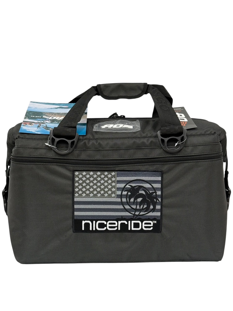 NICERIDE Strong Black Vinyl Soft-Sided AO Cooler with flag design and logo, perfect for 36 cans.