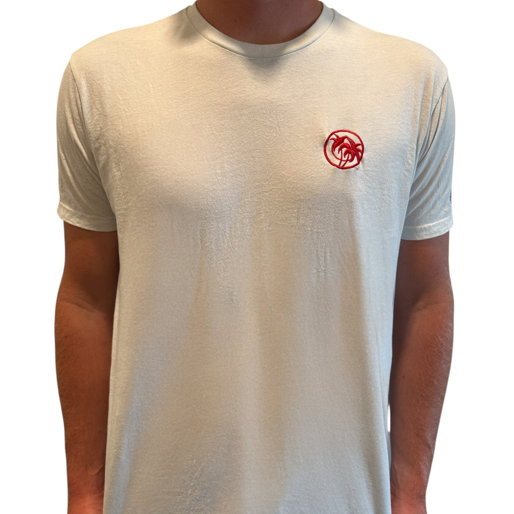 Niceride 'Tri' Palm men's short sleeve t-shirt in white with red embroidered design on the chest.