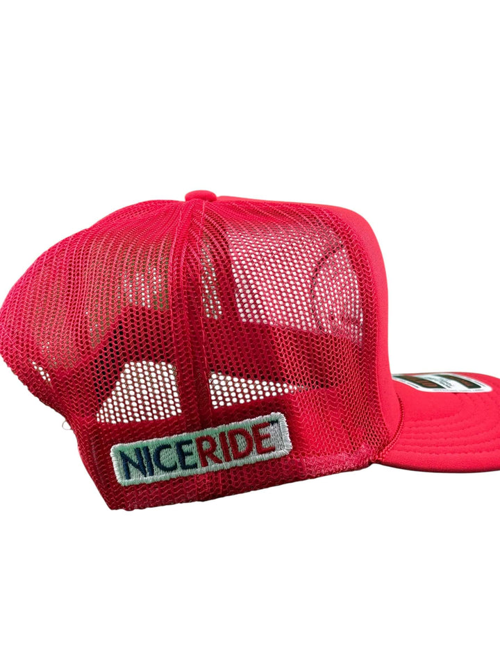 Red Foam Trucker Hat by NICERIDE, showcasing breathable mesh and logo embroidery on the back panel.