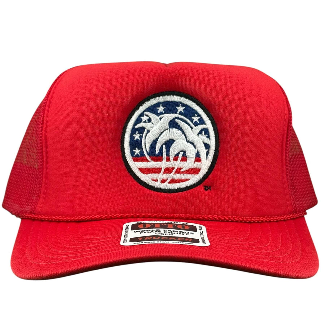 Red Spirit Of 76 Foam Trucker Hat with embroidered logo, breathable design, perfect for outdoor enthusiasts.