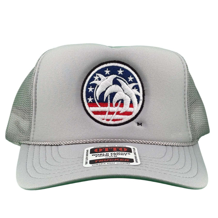 Silver Foam Trucker Hat with Spirit of 76 logo, breathable design, perfect for outdoor adventures.