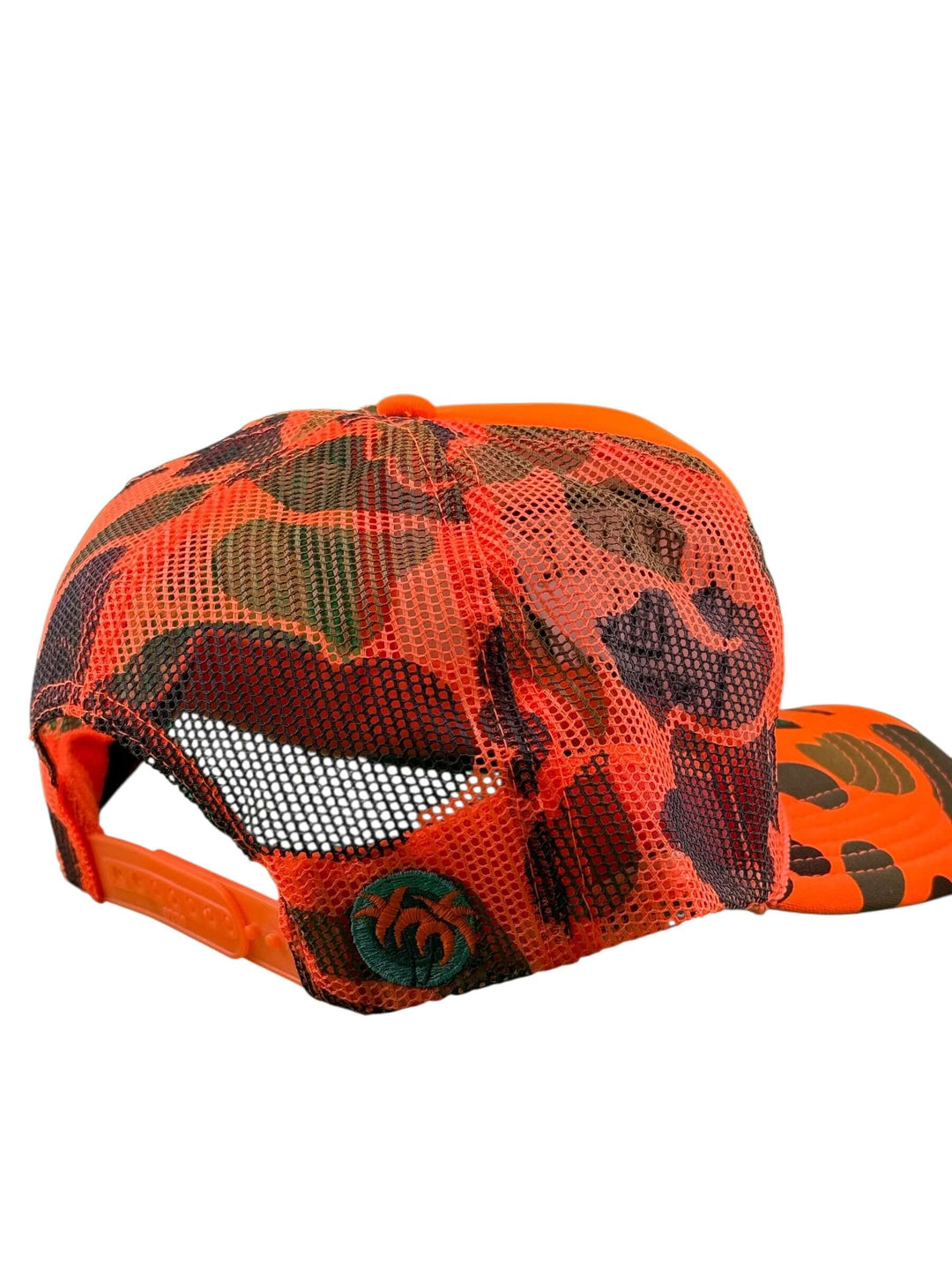 Back view of the NICERIDE Avalanche foam trucker hat with vibrant camo pattern and Classic Palm logo.