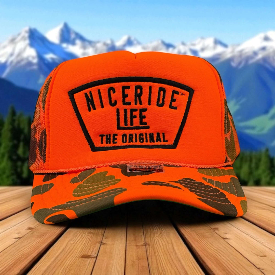 NICERIDE Grinder unisex foam trucker hat in orange with black logo, perfect for outdoor adventures.