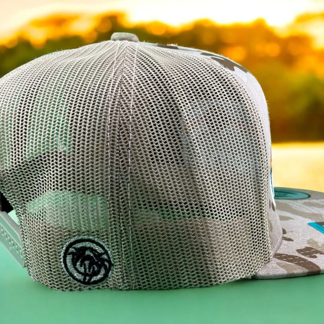 Glacier 6006 Unisex Tan camo Adjustable Trucker Hat side view with mesh detail.