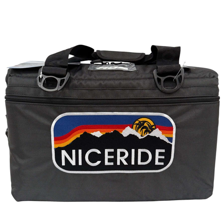 NICERIDE Glacier embroidered ballistic soft sided cooler, durable design for 36 cans, black vinyl construction.