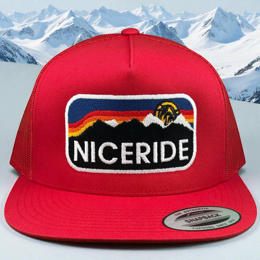 Niceride Glacier 6006 Unisex Hat red adjustable trucker cap with mountain logo and scenic backdrop