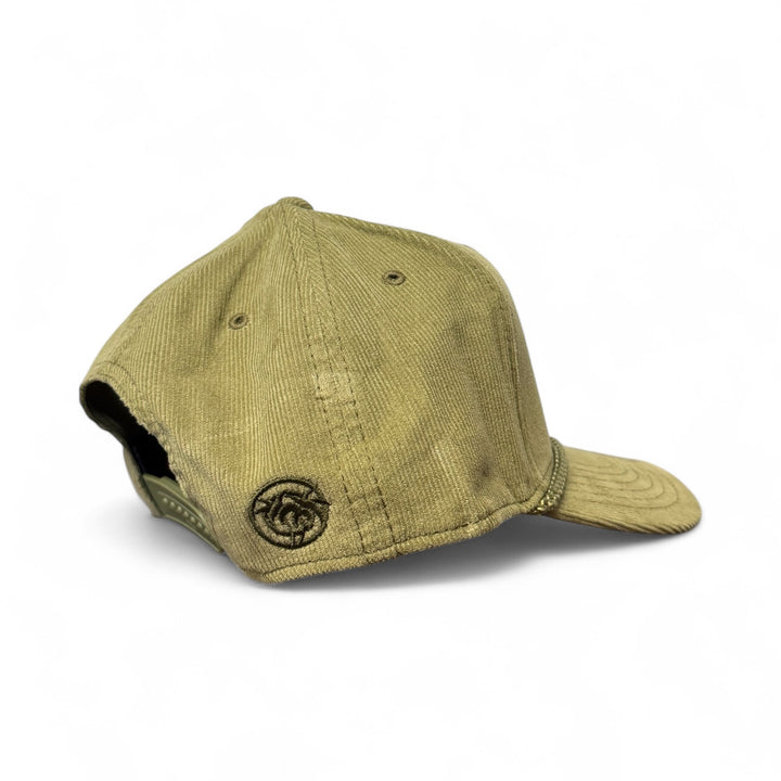 Back view of NR Trucker Corduroy OTTO CAP 5 Panel Snapback Baseball Cap in olive green.