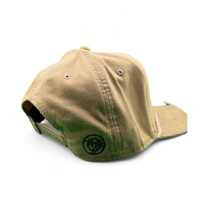 NR Trucker Corduroy OTTO CAP 5 Panel Snapback Baseball Cap in beige, showing the side and back view with logo.