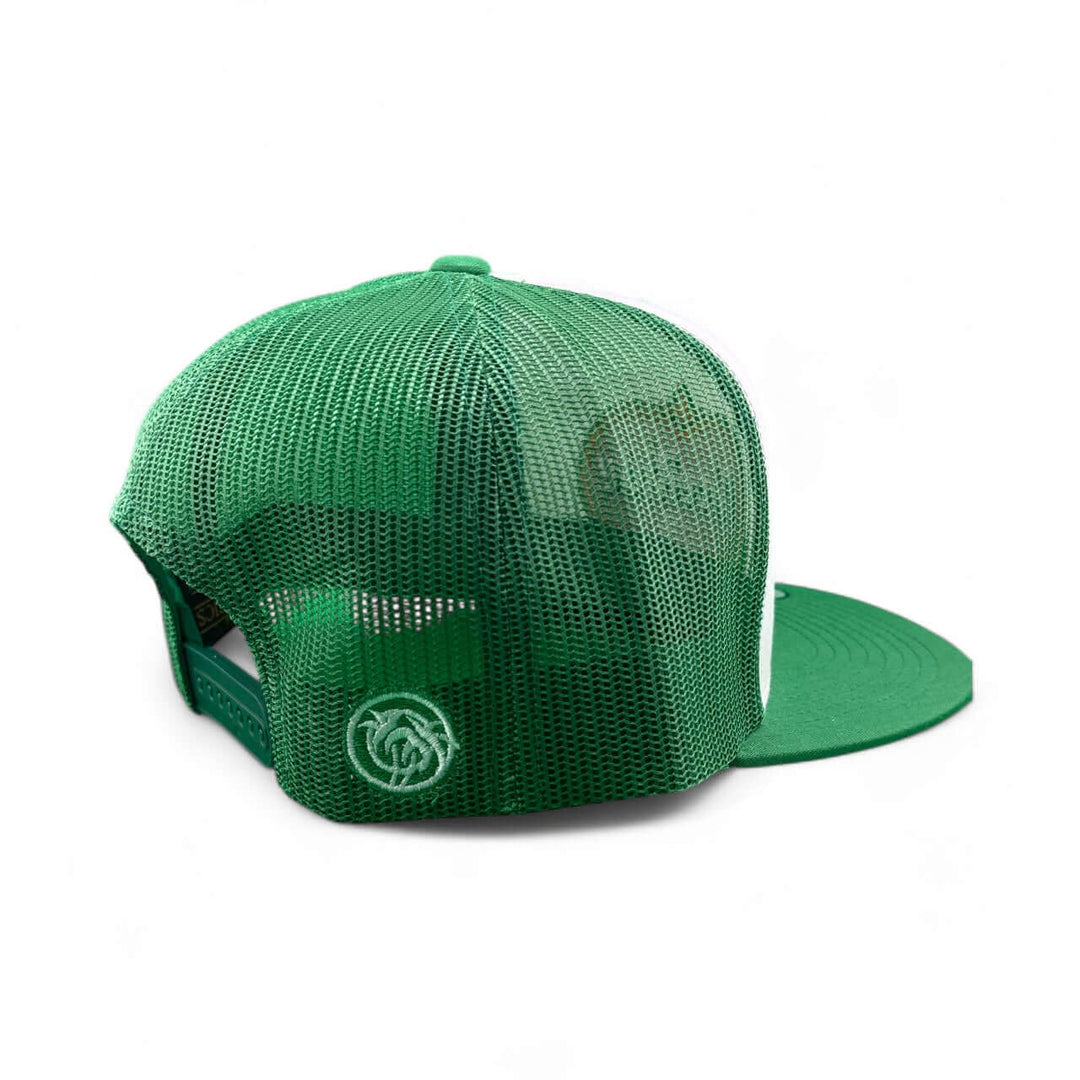 Dented unisex trucker hat showing mesh back design in vibrant green color for outdoor style.